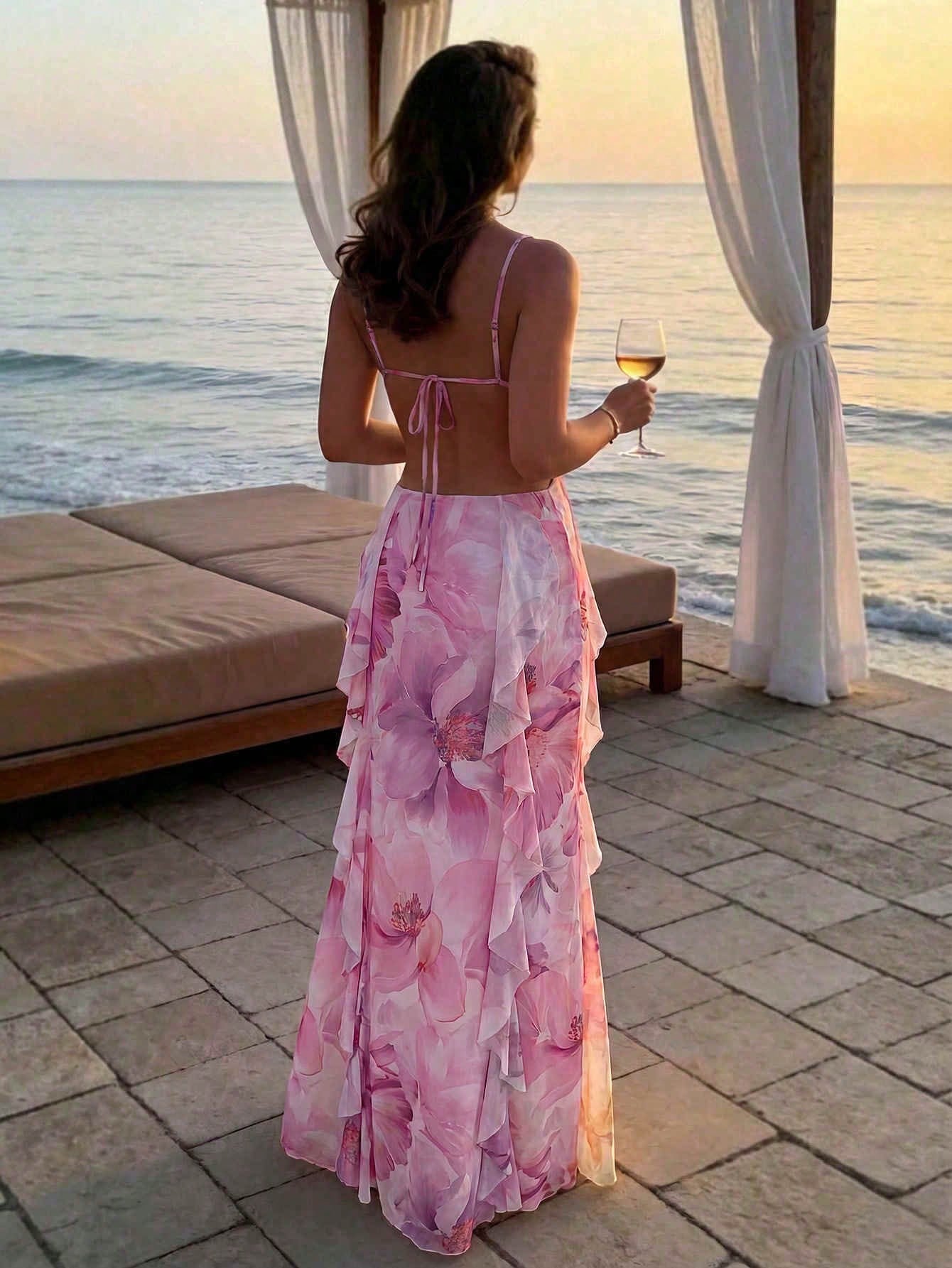 Aloruh Women's Floral Print Ruffle Hem Boho Date Beach Party Camisole Dress Blush Pink Summer