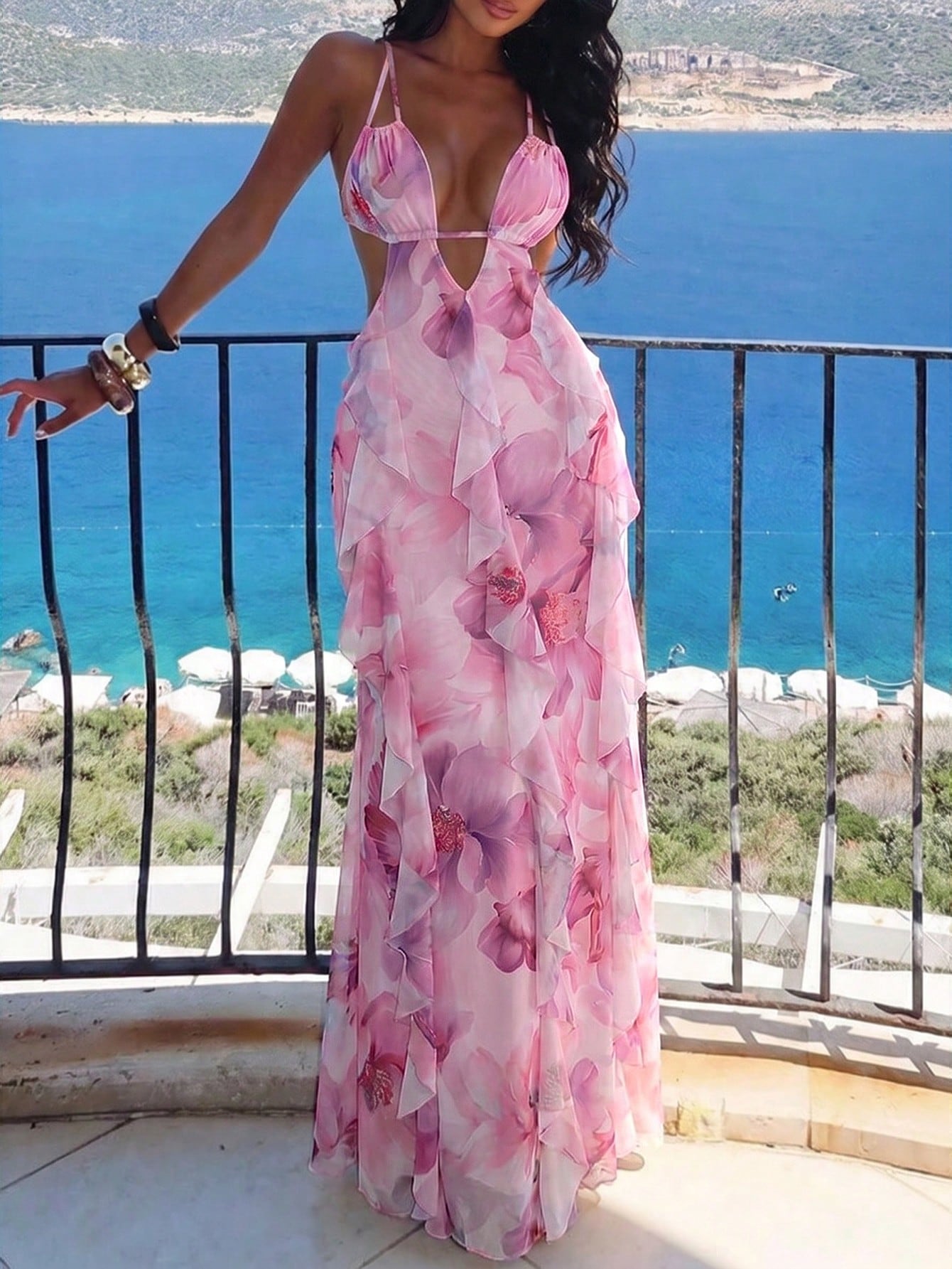 Aloruh Women's Floral Print Ruffle Hem Boho Date Beach Party Camisole Dress Blush Pink Summer
