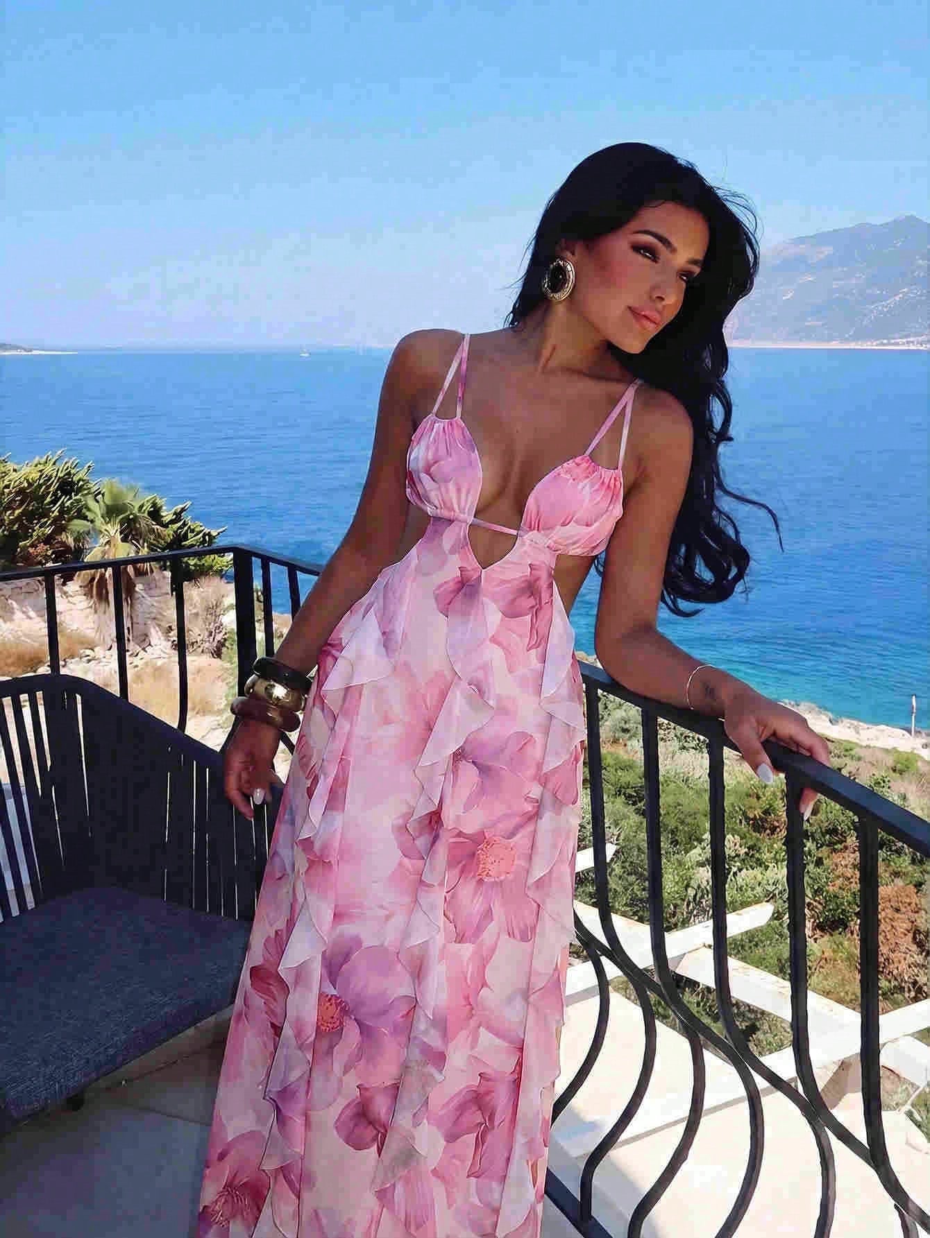 Aloruh Women's Floral Print Ruffle Hem Boho Date Beach Party Camisole Dress Blush Pink Summer