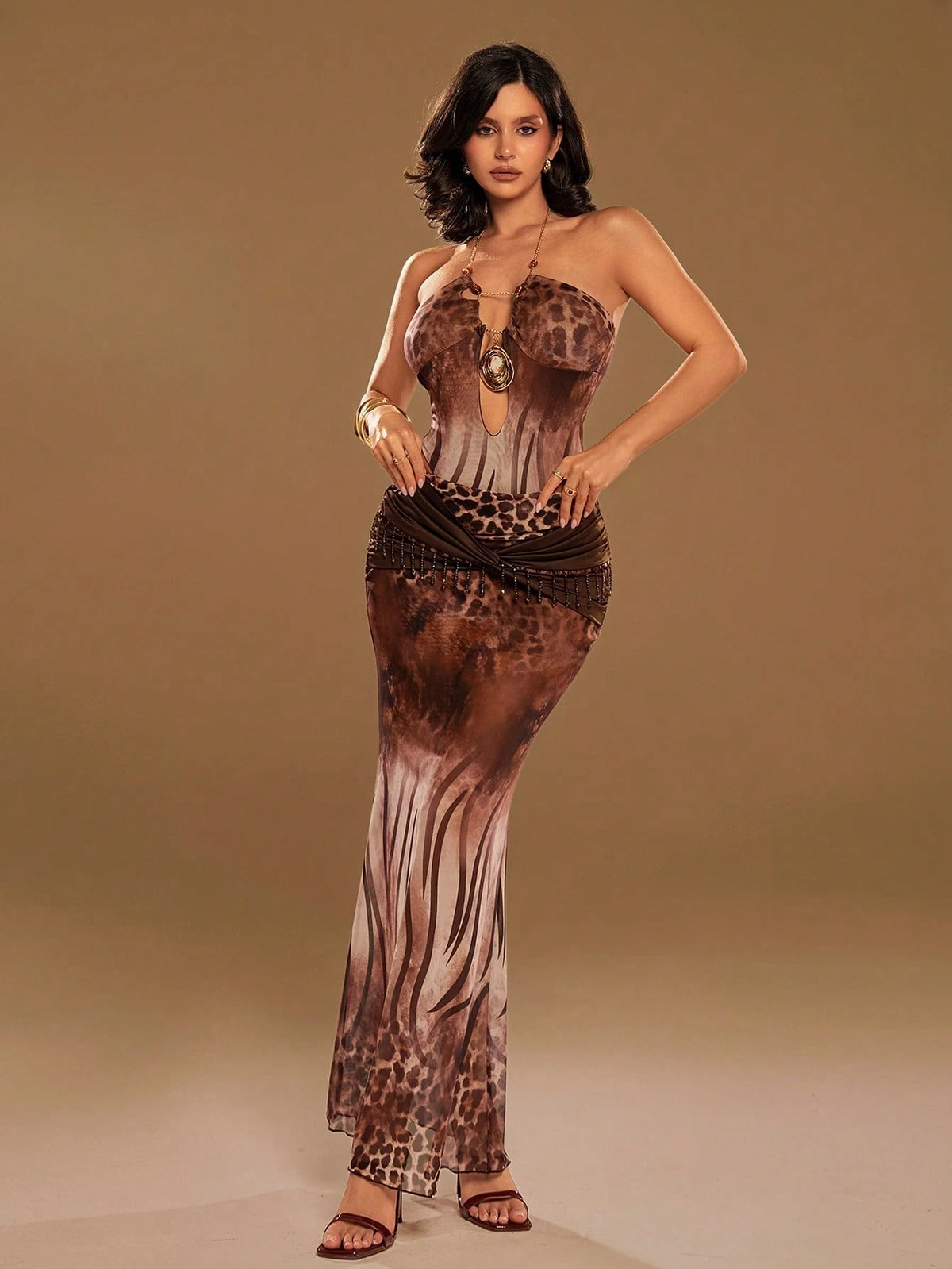 Aloruh Women's Leopard Mesh Beaded Maxi Skirt,All Shades Of Brown,Summer,Boho,Vacation,Holiday,Elegant Low-Waisted Color-Blocked Backless Resort Beachwear
