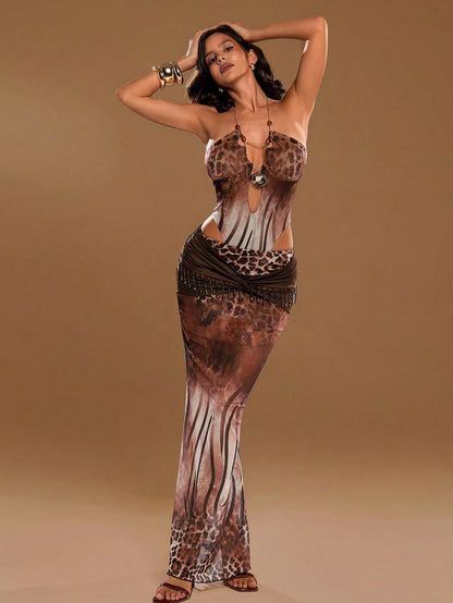 Aloruh Women's Leopard Mesh Beaded Maxi Skirt,All Shades Of Brown,Summer,Boho,Vacation,Holiday,Elegant Low-Waisted Color-Blocked Backless Resort Beachwear
