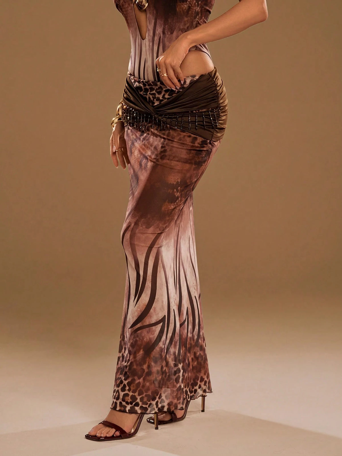 Aloruh Women's Leopard Mesh Beaded Maxi Skirt,All Shades Of Brown,Summer,Boho,Vacation,Holiday,Elegant Low-Waisted Color-Blocked Backless Resort Beachwear