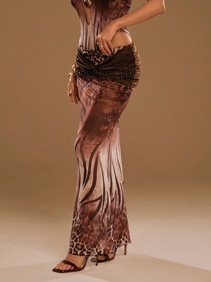 Aloruh Women's Leopard Mesh Beaded Maxi Skirt,All Shades Of Brown,Summer,Boho,Vacation,Holiday,Elegant Low-Waisted Color-Blocked Backless Resort Beachwear