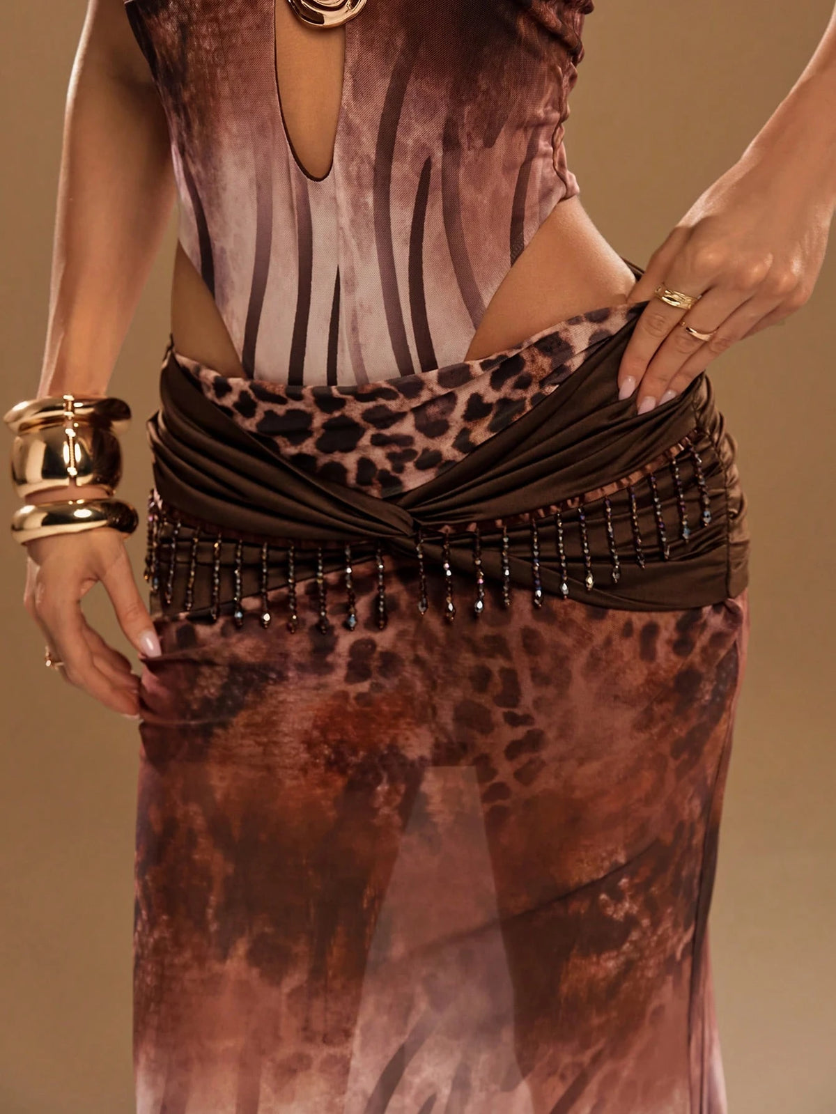 Aloruh Women's Leopard Mesh Beaded Maxi Skirt,All Shades Of Brown,Summer,Boho,Vacation,Holiday,Elegant Low-Waisted Color-Blocked Backless Resort Beachwear