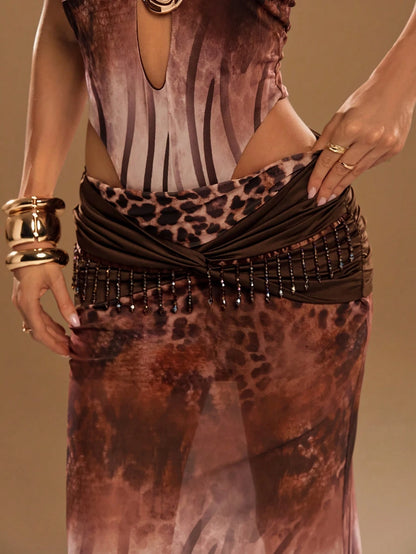 Aloruh Women's Leopard Mesh Beaded Maxi Skirt,All Shades Of Brown,Summer,Boho,Vacation,Holiday,Elegant Low-Waisted Color-Blocked Backless Resort Beachwear