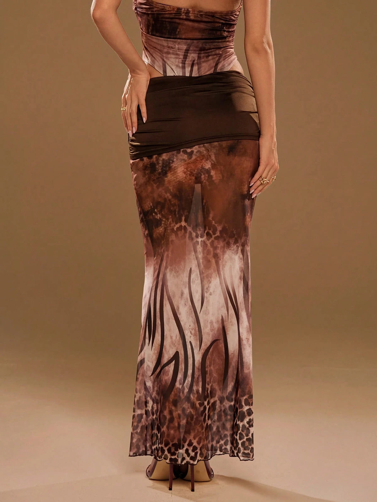 Aloruh Women's Leopard Mesh Beaded Maxi Skirt,All Shades Of Brown,Summer,Boho,Vacation,Holiday,Elegant Low-Waisted Color-Blocked Backless Resort Beachwear