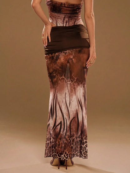Aloruh Women's Leopard Mesh Beaded Maxi Skirt,All Shades Of Brown,Summer,Boho,Vacation,Holiday,Elegant Low-Waisted Color-Blocked Backless Resort Beachwear