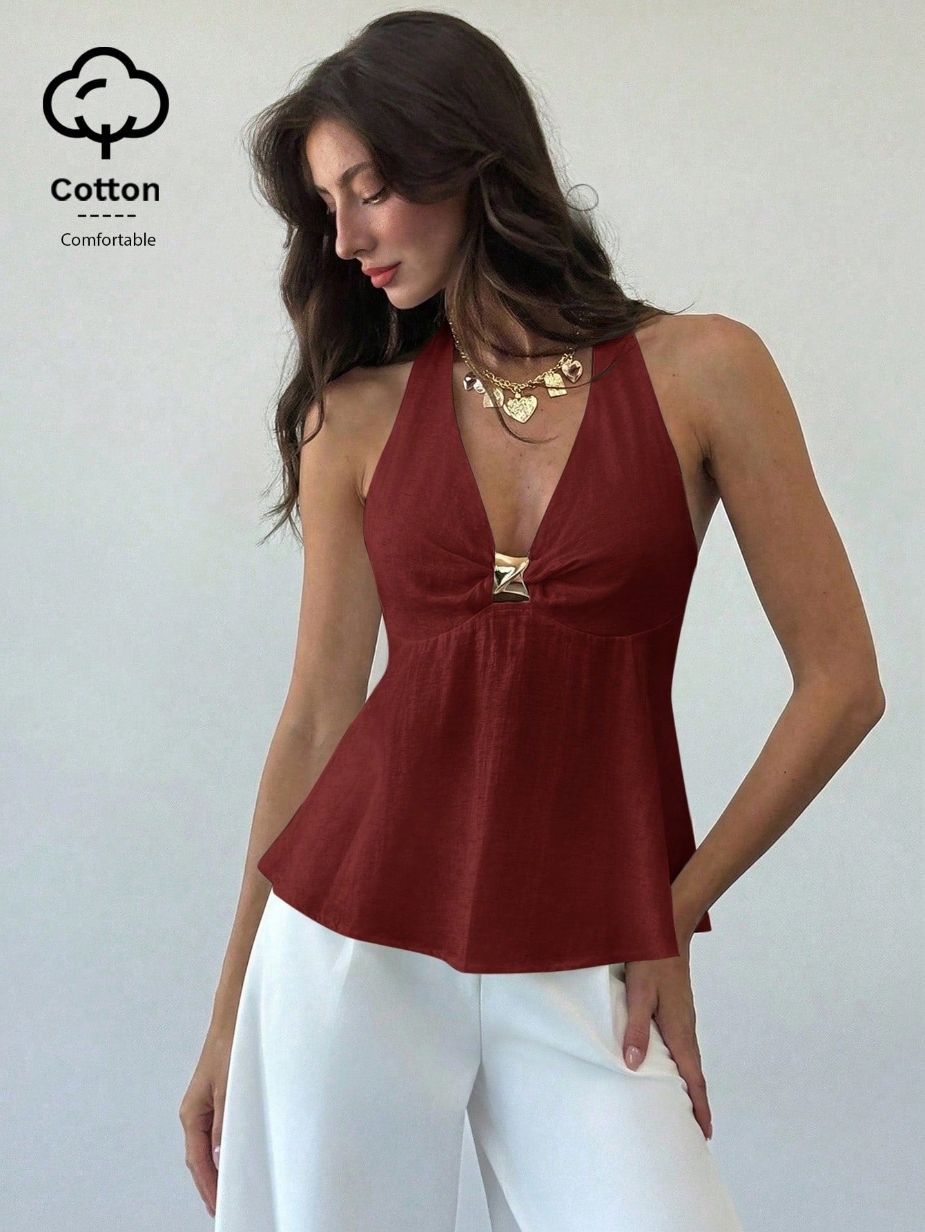 Aloruh Women's Linen Metal Decor Waist A-Line Shirt, Spring/Summer,Summer Top