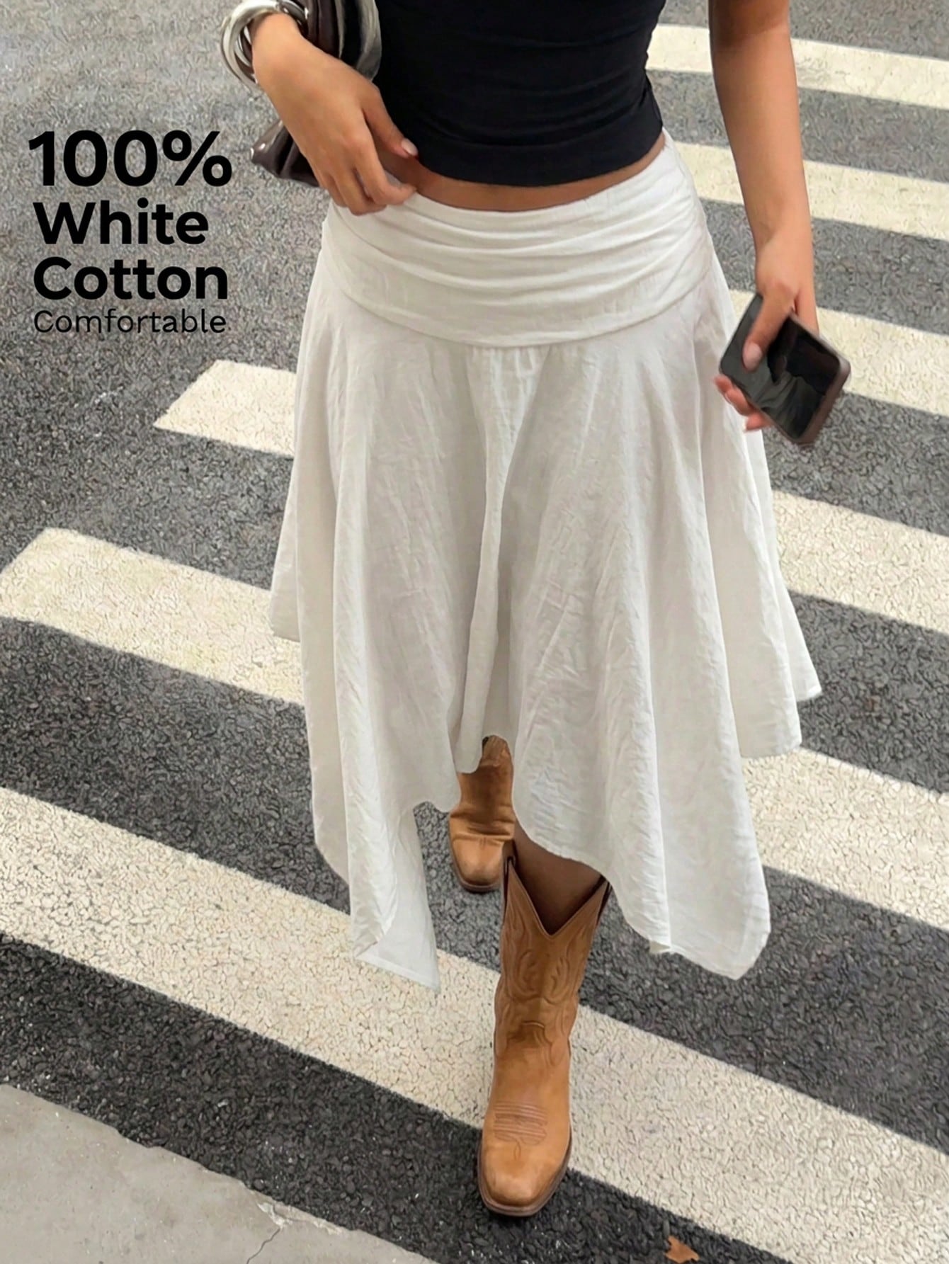 Aloruh Women's Pure White 100% Cotton Midi Skirt Asymmetrical High-Low Hem,Retro Y2K Boho Style Summer Vacation Beach Cruise,Western Festival Island Girl
