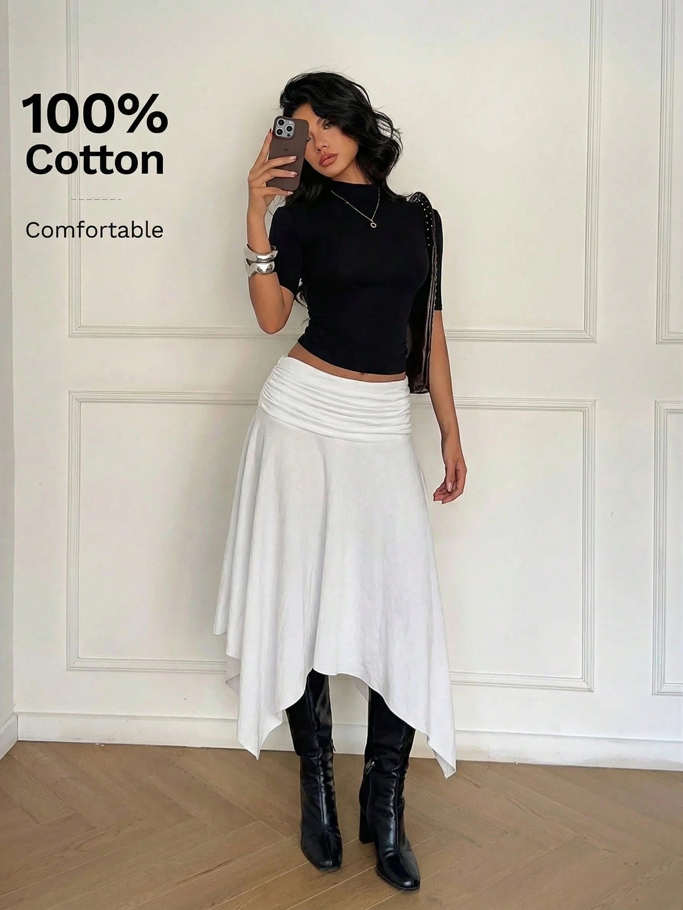 Aloruh Women's Pure White 100% Cotton Midi Skirt Asymmetrical High-Low Hem,Retro Y2K Boho Style Summer Vacation Beach Cruise,Western Festival Island Girl