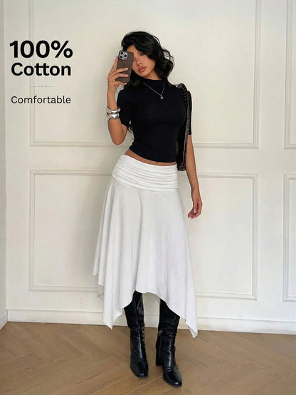 Aloruh Women's Pure White 100% Cotton Midi Skirt Asymmetrical High-Low Hem,Retro Y2K Boho Style Summer Vacation Beach Cruise,Western Festival Island Girl