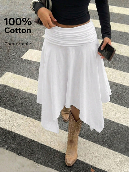 Aloruh Women's Pure White 100% Cotton Midi Skirt Asymmetrical High-Low Hem,Retro Y2K Boho Style Summer Vacation Beach Cruise,Western Festival Island Girl
