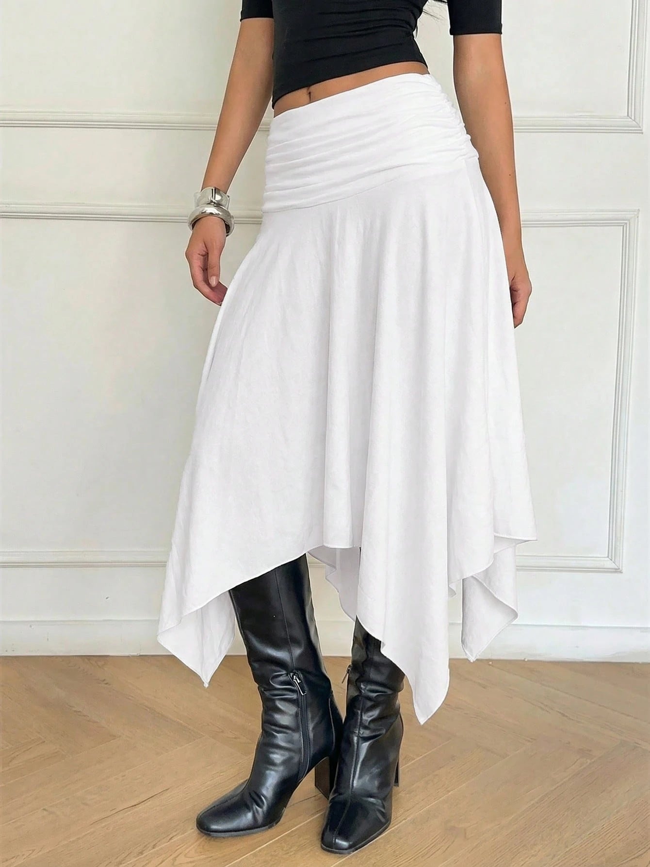 Aloruh Women's Pure White 100% Cotton Midi Skirt Asymmetrical High-Low Hem,Retro Y2K Boho Style Summer Vacation Beach Cruise,Western Festival Island Girl