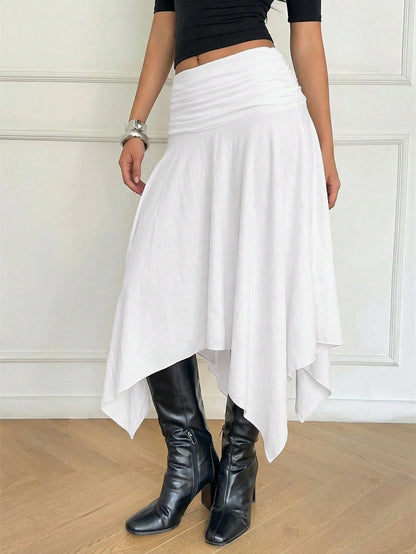 Aloruh Women's Pure White 100% Cotton Midi Skirt Asymmetrical High-Low Hem,Retro Y2K Boho Style Summer Vacation Beach Cruise,Western Festival Island Girl