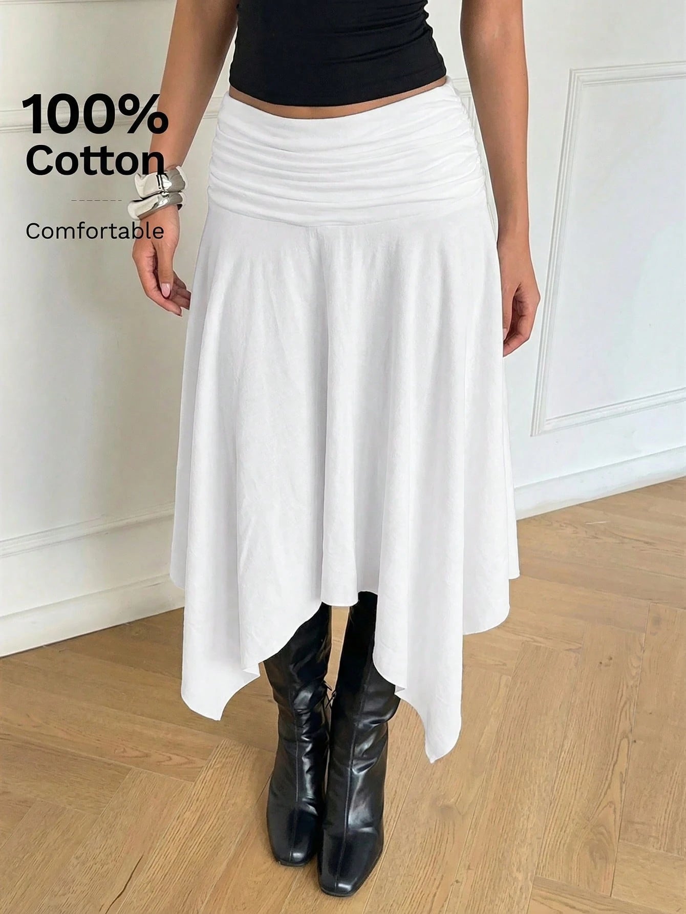 Aloruh Women's Pure White 100% Cotton Midi Skirt Asymmetrical High-Low Hem,Retro Y2K Boho Style Summer Vacation Beach Cruise,Western Festival Island Girl