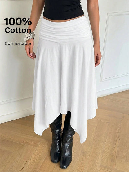 Aloruh Women's Pure White 100% Cotton Midi Skirt Asymmetrical High-Low Hem,Retro Y2K Boho Style Summer Vacation Beach Cruise,Western Festival Island Girl