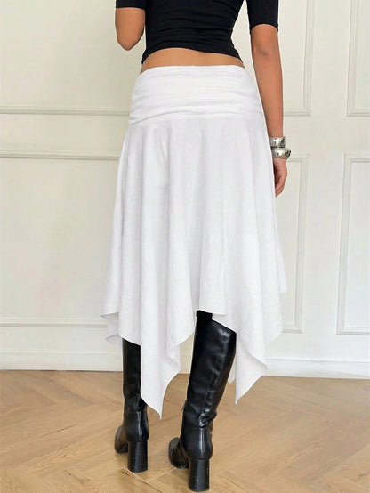 Aloruh Women's Pure White 100% Cotton Midi Skirt Asymmetrical High-Low Hem,Retro Y2K Boho Style Summer Vacation Beach Cruise,Western Festival Island Girl