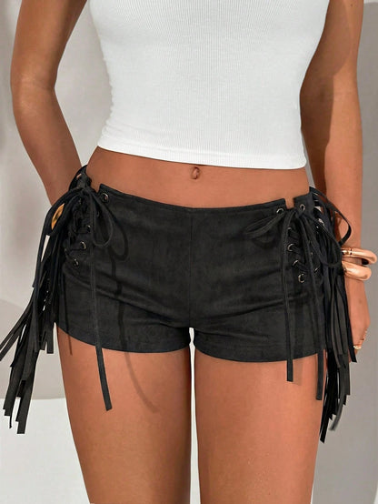 Aloruh Women's Spring/Summer New Bohemian Style PU Leather Shorts, Deep Black & Gray Tie Dye, Super Short Tight Shorts With Tassel
