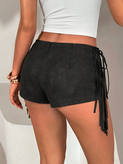 Aloruh Women's Spring/Summer New Bohemian Style PU Leather Shorts, Deep Black & Gray Tie Dye, Super Short Tight Shorts With Tassel