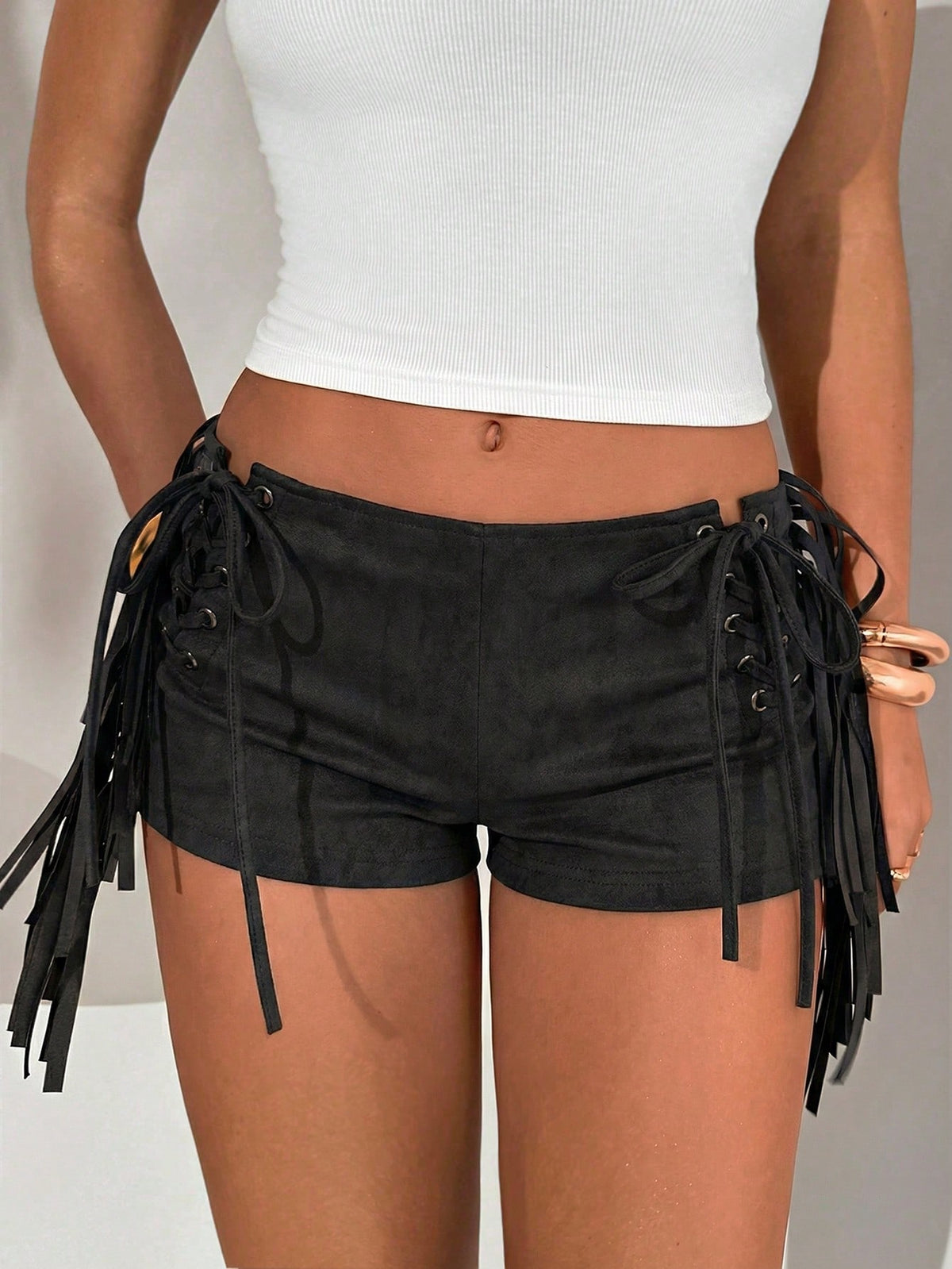 Aloruh Women's Spring/Summer New Bohemian Style PU Leather Shorts, Deep Black & Gray Tie Dye, Super Short Tight Shorts With Tassel