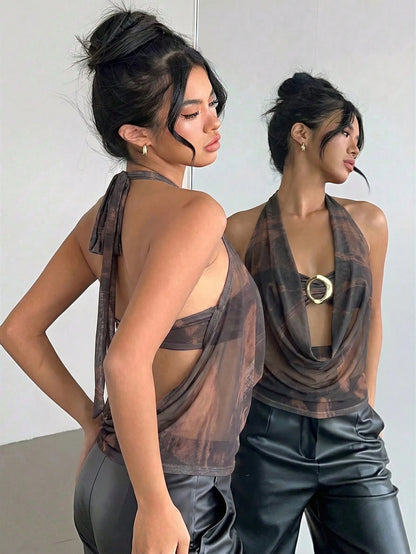 Aloruh Women's Spring/Summer New Tie-Dye Print Bohemian Tank Top, Cowl Neck 2 In 1 Top, Music Festival & Streetwear Top