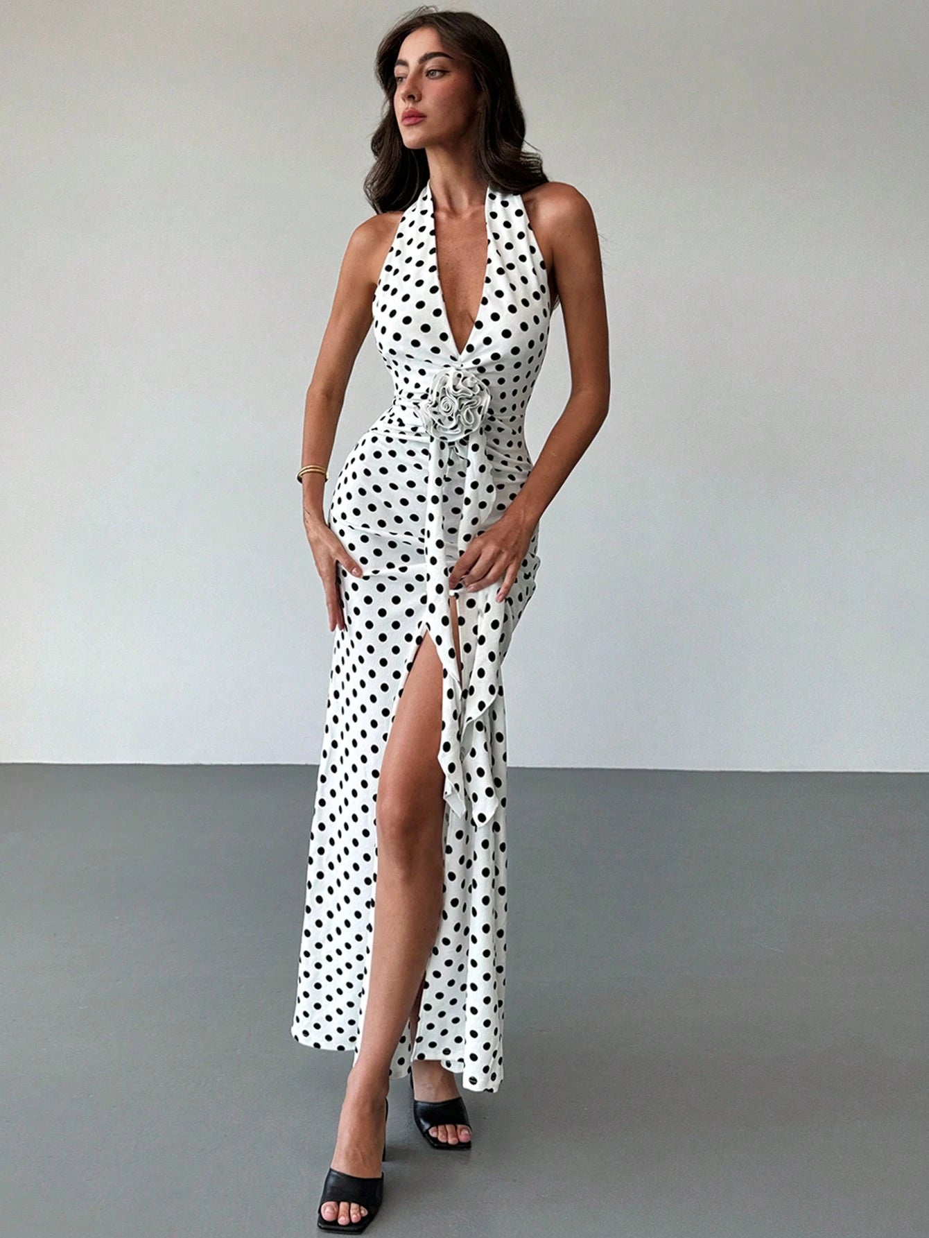 Aloruh Women's White With Black Polka Dots,Summer,Elegant,Party Dress,Deep V-Neck Backless Slim Fit Mermaid Floral Embellishments, Date Night Outfits