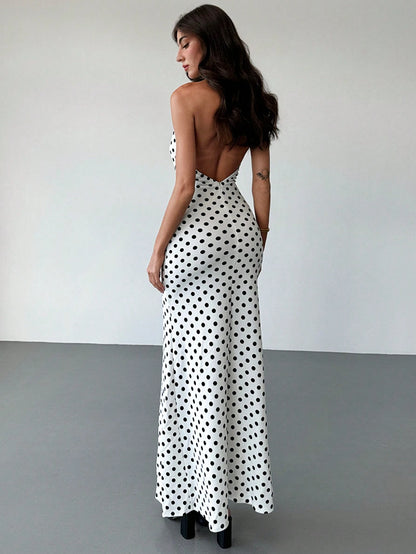 Aloruh Women's White With Black Polka Dots,Summer,Elegant,Party Dress,Deep V-Neck Backless Slim Fit Mermaid Floral Embellishments, Date Night Outfits