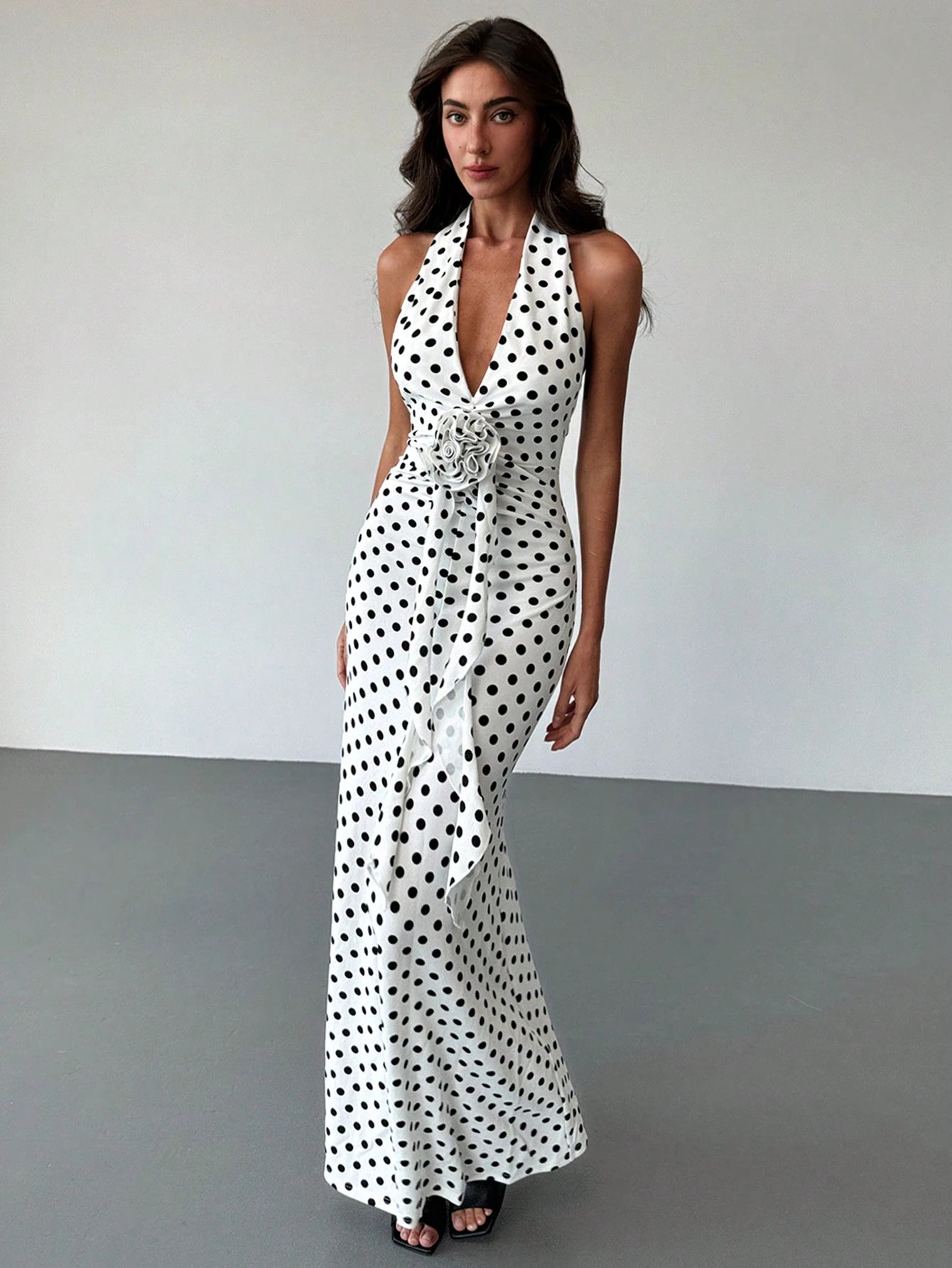 Aloruh Women's White With Black Polka Dots,Summer,Elegant,Party Dress,Deep V-Neck Backless Slim Fit Mermaid Floral Embellishments, Date Night Outfits