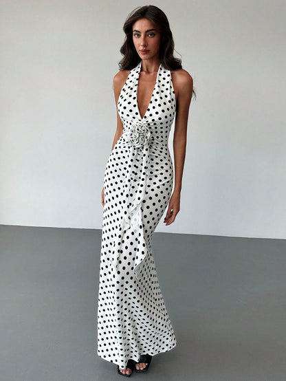 Aloruh Women's White With Black Polka Dots,Summer,Elegant,Party Dress,Deep V-Neck Backless Slim Fit Mermaid Floral Embellishments, Date Night Outfits