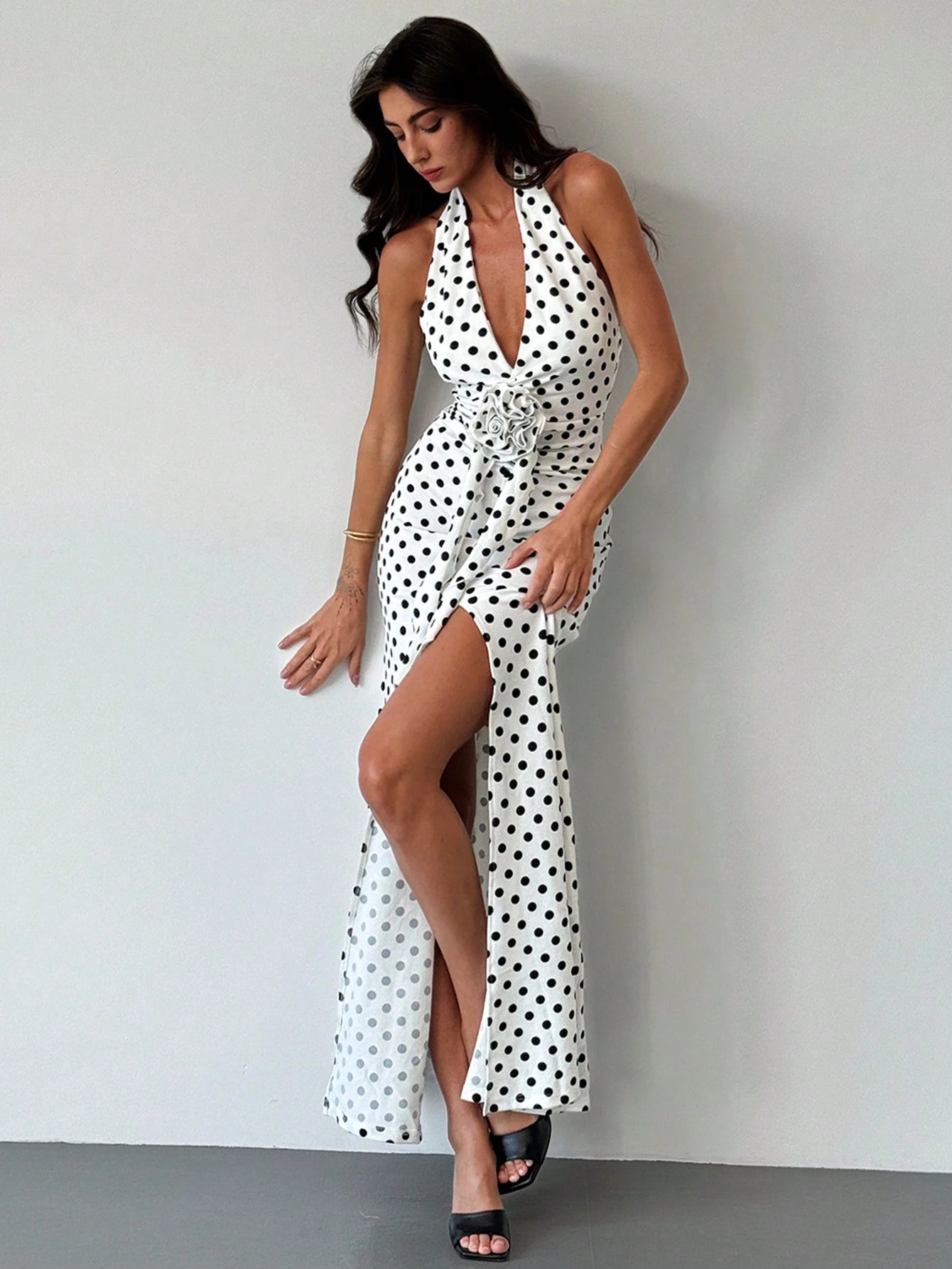 Aloruh Women's White With Black Polka Dots,Summer,Elegant,Party Dress,Deep V-Neck Backless Slim Fit Mermaid Floral Embellishments, Date Night Outfits