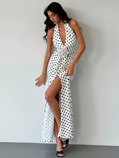 Aloruh Women's White With Black Polka Dots,Summer,Elegant,Party Dress,Deep V-Neck Backless Slim Fit Mermaid Floral Embellishments, Date Night Outfits