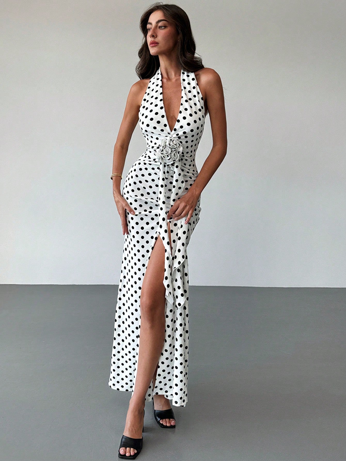 Aloruh Women's White With Black Polka Dots,Summer,Elegant,Party Dress,Deep V-Neck Backless Slim Fit Mermaid Floral Embellishments, Date Night Outfits