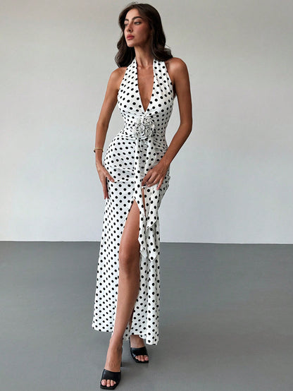 Aloruh Women's White With Black Polka Dots,Summer,Elegant,Party Dress,Deep V-Neck Backless Slim Fit Mermaid Floral Embellishments, Date Night Outfits
