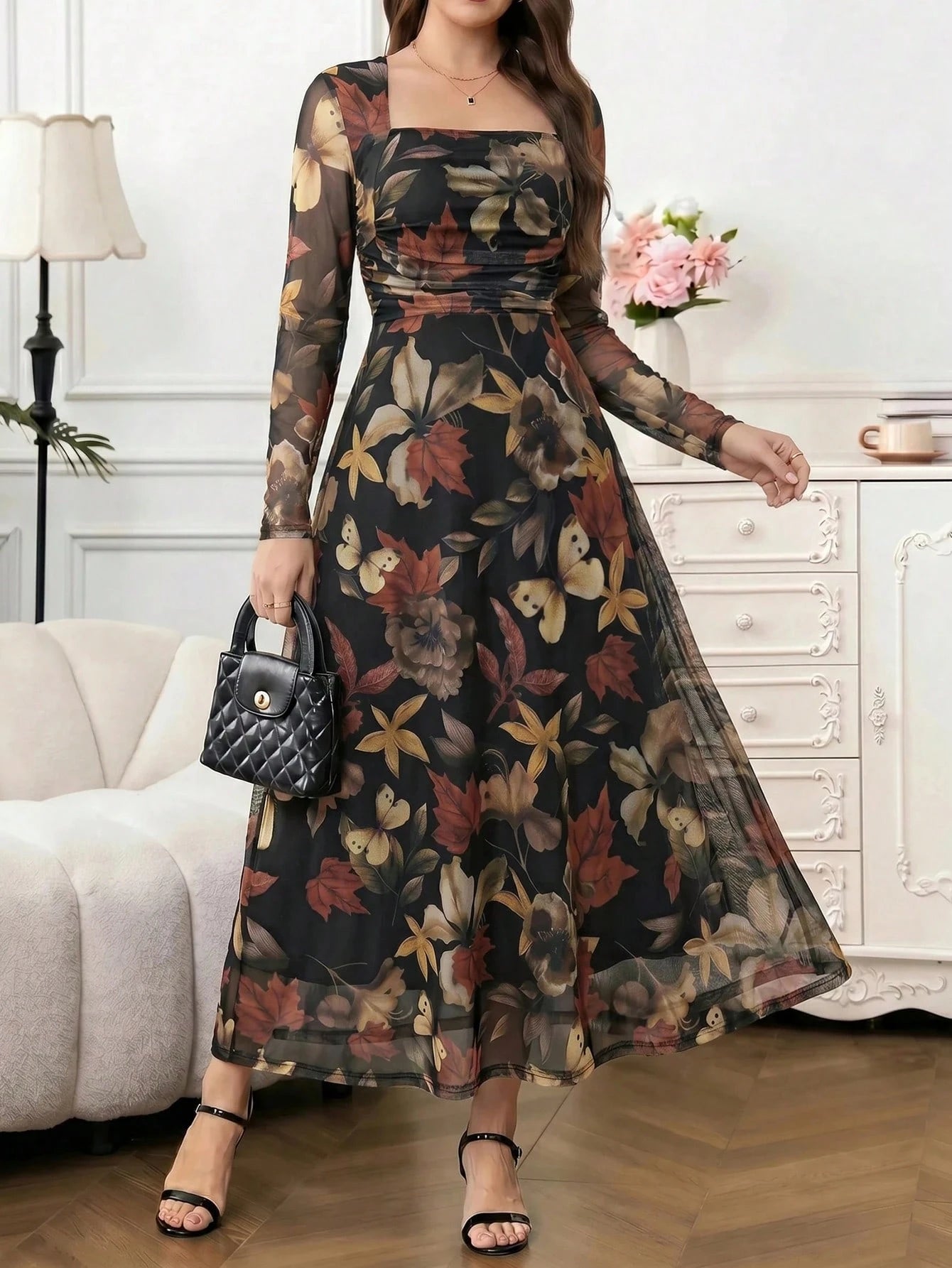 Amorya Women's Floral Print Long Sleeve Pleated Elegant Romantic Dress Holiday Black Floral Flower Autumn Party Date Night