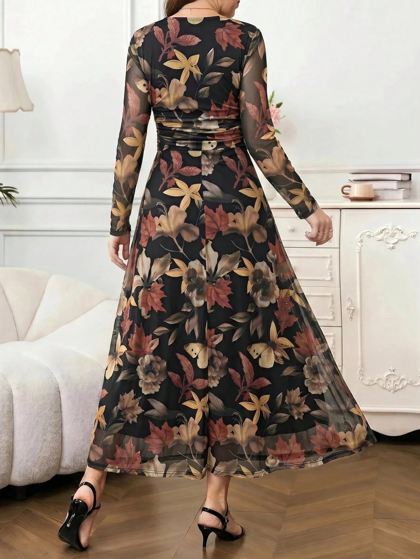 Amorya Women's Floral Print Long Sleeve Pleated Elegant Romantic Dress Holiday Black Floral Flower Autumn Party Date Night