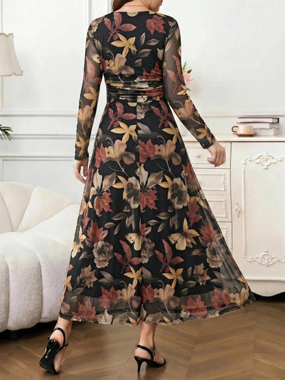 Amorya Women's Floral Print Long Sleeve Pleated Elegant Romantic Dress Holiday Black Floral Flower Autumn Party Date Night