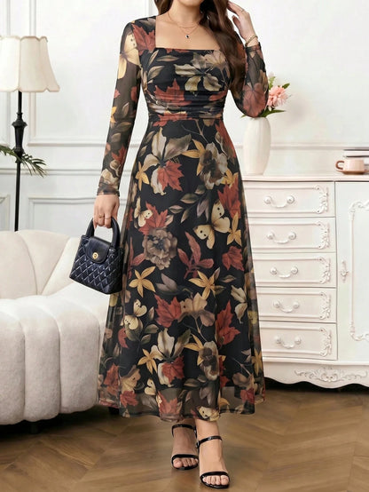 Amorya Women's Floral Print Long Sleeve Pleated Elegant Romantic Dress Holiday Black Floral Flower Autumn Party Date Night