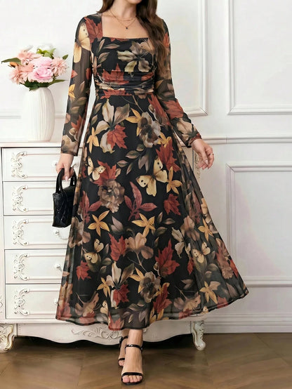 Amorya Women's Floral Print Long Sleeve Pleated Elegant Romantic Dress Holiday Black Floral Flower Autumn Party Date Night