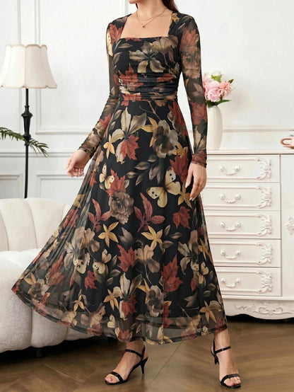 Amorya Women's Floral Print Long Sleeve Pleated Elegant Romantic Dress Holiday Black Floral Flower Autumn Party Date Night