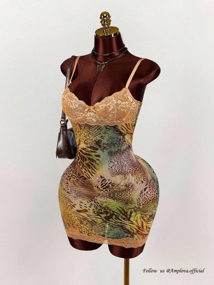 Amplova Lace Cup Detail Tropical Floral Mesh Bodycon Mini Dress Lace Trim Dress,Party Club Night Out Dress Green Leopard Print Summer Sexy