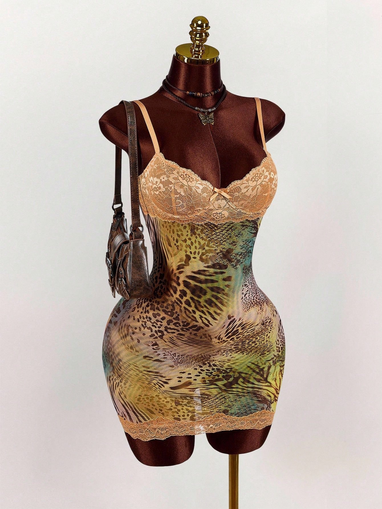Amplova Lace Cup Detail Tropical Floral Mesh Bodycon Mini Dress Lace Trim Dress,Party Club Night Out Dress Green Leopard Print Summer Sexy