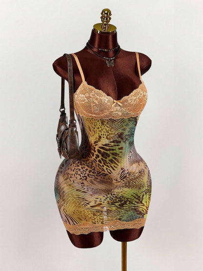Amplova Lace Cup Detail Tropical Floral Mesh Bodycon Mini Dress Lace Trim Dress,Party Club Night Out Dress Green Leopard Print Summer Sexy
