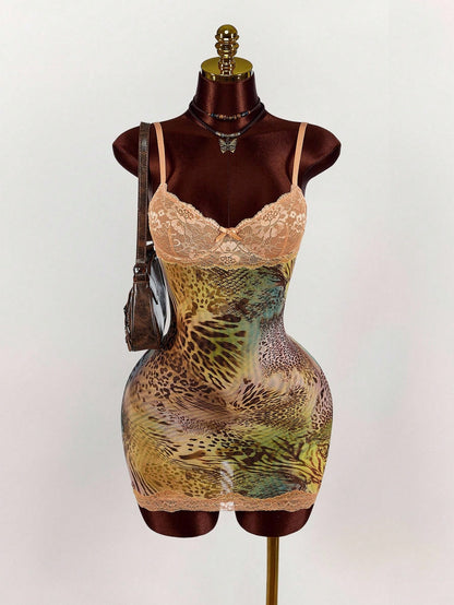 Amplova Lace Cup Detail Tropical Floral Mesh Bodycon Mini Dress Lace Trim Dress,Party Club Night Out Dress Green Leopard Print Summer Sexy
