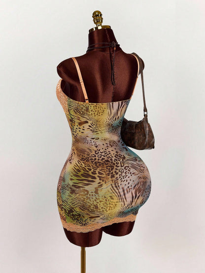 Amplova Lace Cup Detail Tropical Floral Mesh Bodycon Mini Dress Lace Trim Dress,Party Club Night Out Dress Green Leopard Print Summer Sexy