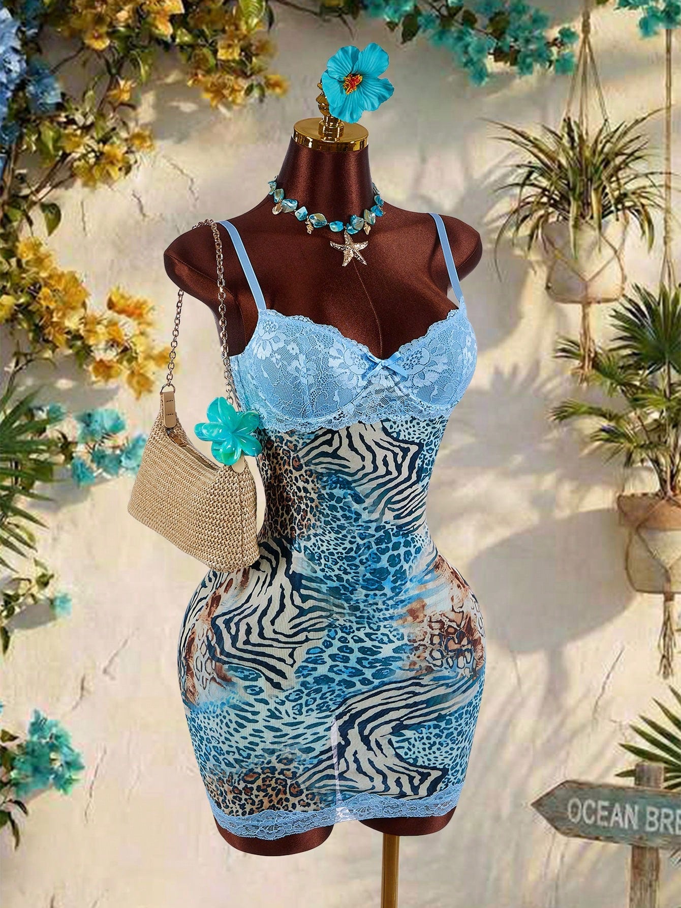 Amplova Lace Cup Detail Tropical Floral Mesh Bodycon Mini Dress Lace Trim Dress,Party Club Night Out Dress Green Leopard Print Summer Sexy