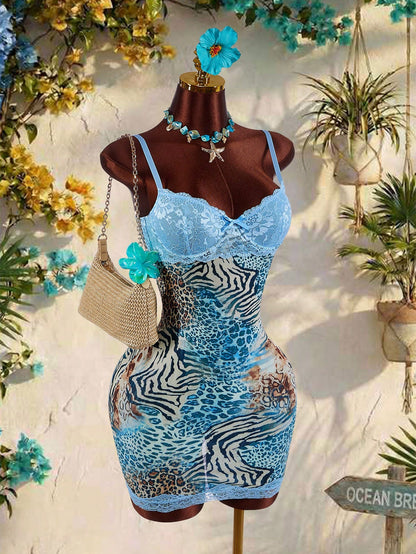 Amplova Lace Cup Detail Tropical Floral Mesh Bodycon Mini Dress Lace Trim Dress,Party Club Night Out Dress Green Leopard Print Summer Sexy