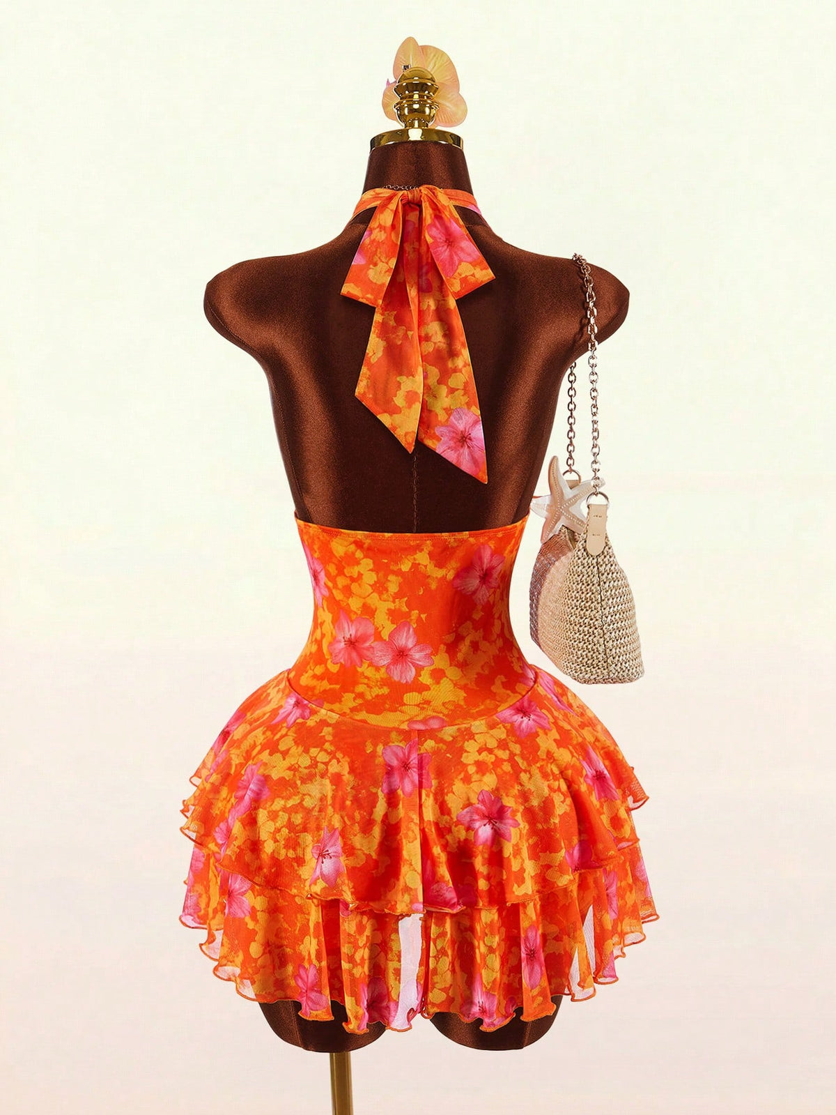 Amplova Women's Lace Halter V-Neck Ruffle Hem Mini Dress,Orange And Yellow,Summer,70s,Holiday,Party,Vacation,Holiday Boho Elegant Casual Y2k Beach Outfits