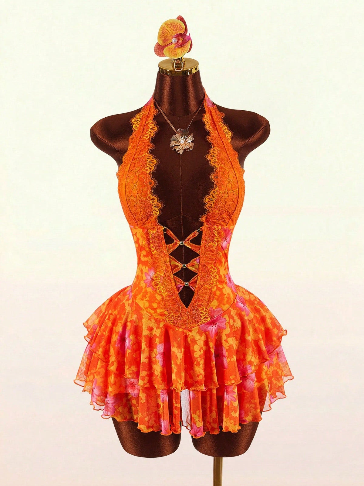 Amplova Women's Lace Halter V-Neck Ruffle Hem Mini Dress,Orange And Yellow,Summer,70s,Holiday,Party,Vacation,Holiday Boho Elegant Casual Y2k Beach Outfits