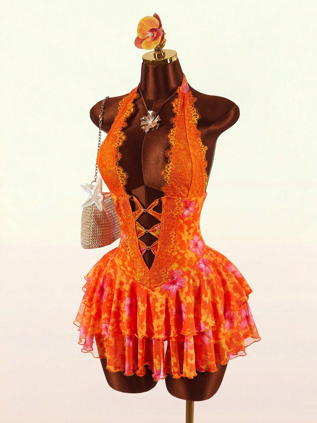 Amplova Women's Lace Halter V-Neck Ruffle Hem Mini Dress,Orange And Yellow,Summer,70s,Holiday,Party,Vacation,Holiday Boho Elegant Casual Y2k Beach Outfits