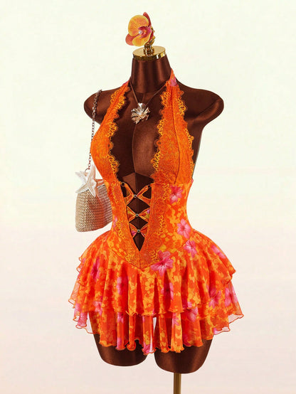 Amplova Women's Lace Halter V-Neck Ruffle Hem Mini Dress,Orange And Yellow,Summer,70s,Holiday,Party,Vacation,Holiday Boho Elegant Casual Y2k Beach Outfits